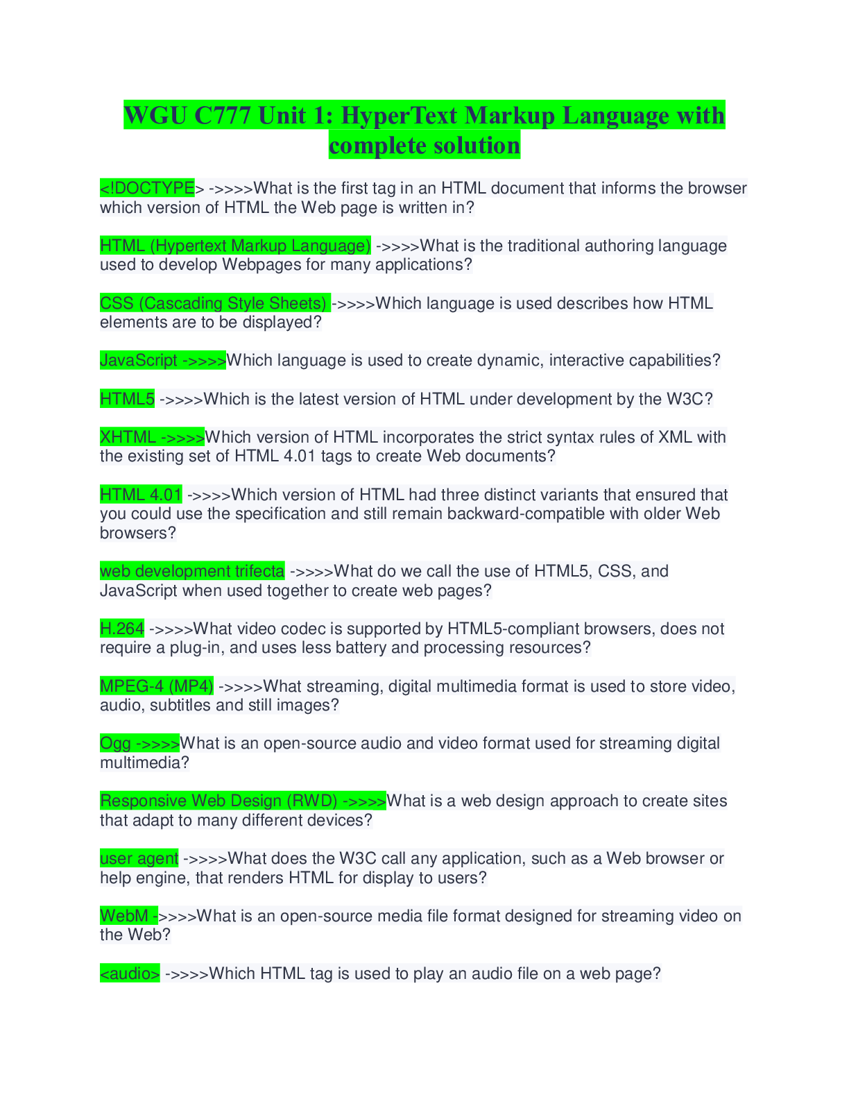 Preview image for WGU C777 Unit 1: HyperText Markup Language with complete solution